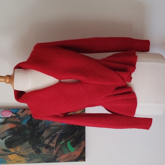 Cable & Gauge Deep Red Ruffle Peplum Sweater Size Small - Picture 12 of 12